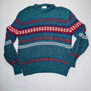 The Lodge Sweater Mens Large Teal Fair Isle Wool Blend Crew Neck USA Made